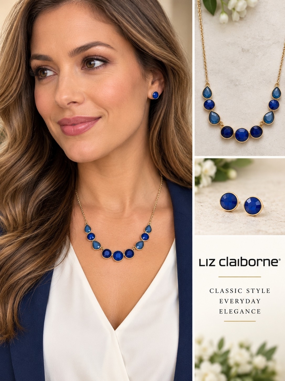 Liz Claiborne Royal Blue and Gold-Tone Necklace with Matching Studs